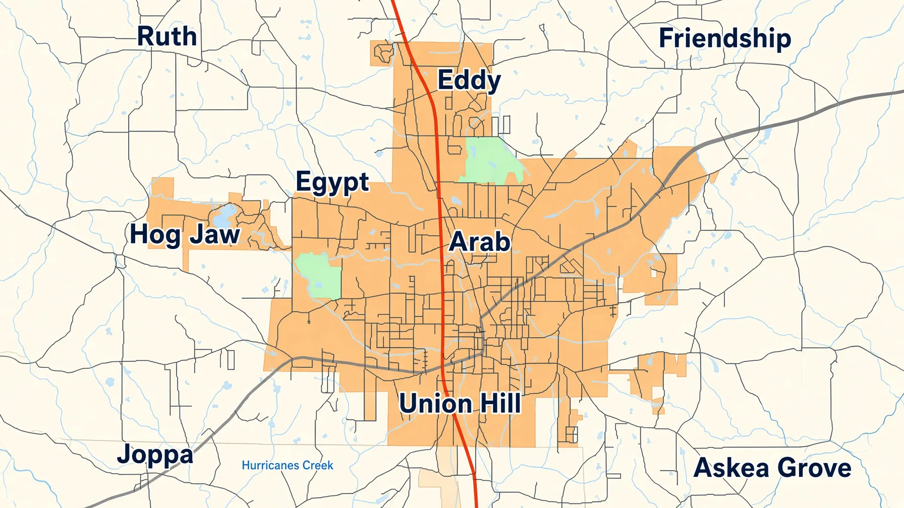Map of the towns Melton Tax Services serves around Arab, Alabama