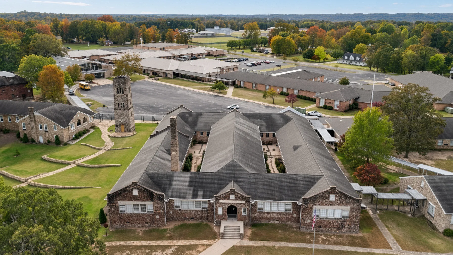 The historic stone building at Kate Duncan Smith DAR School in Grant